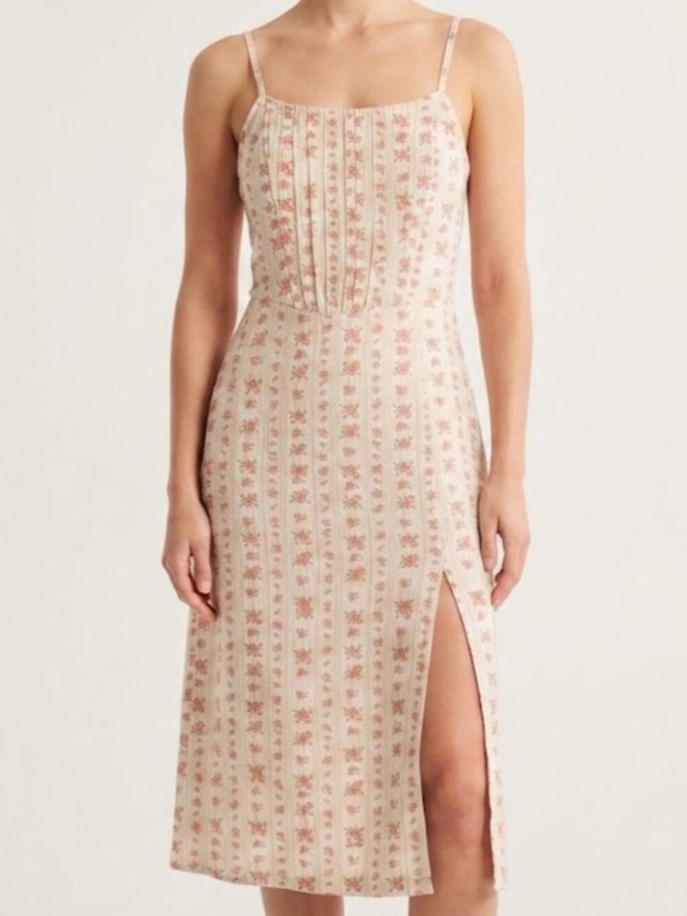 Anthropologie Cottagecore Beige with Coral Floral Print Linen Midi Dress